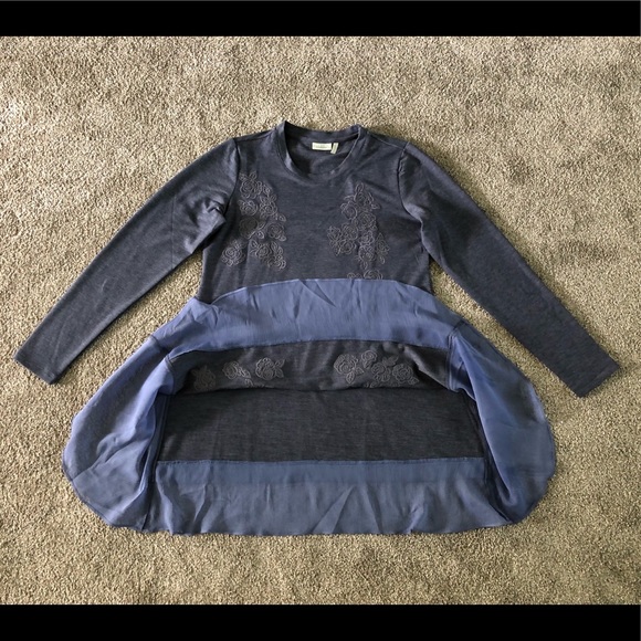 LOGO Lounge Top XS Jersey Knit Chiffon Flared Hem Embroidered Boho Pullover - Picture 5 of 11